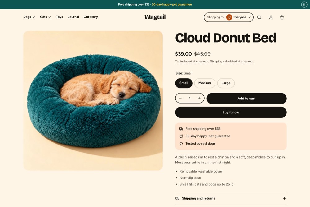 Scamper product page: a teal pet bed with size buttons Small, Medium and Large, a sale price and an add to cart button