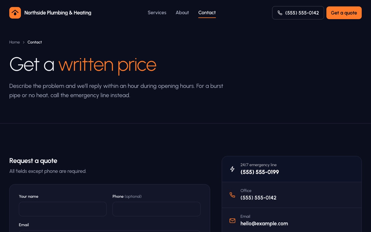 Craftline contact page with the quote form next to phone numbers and opening hours