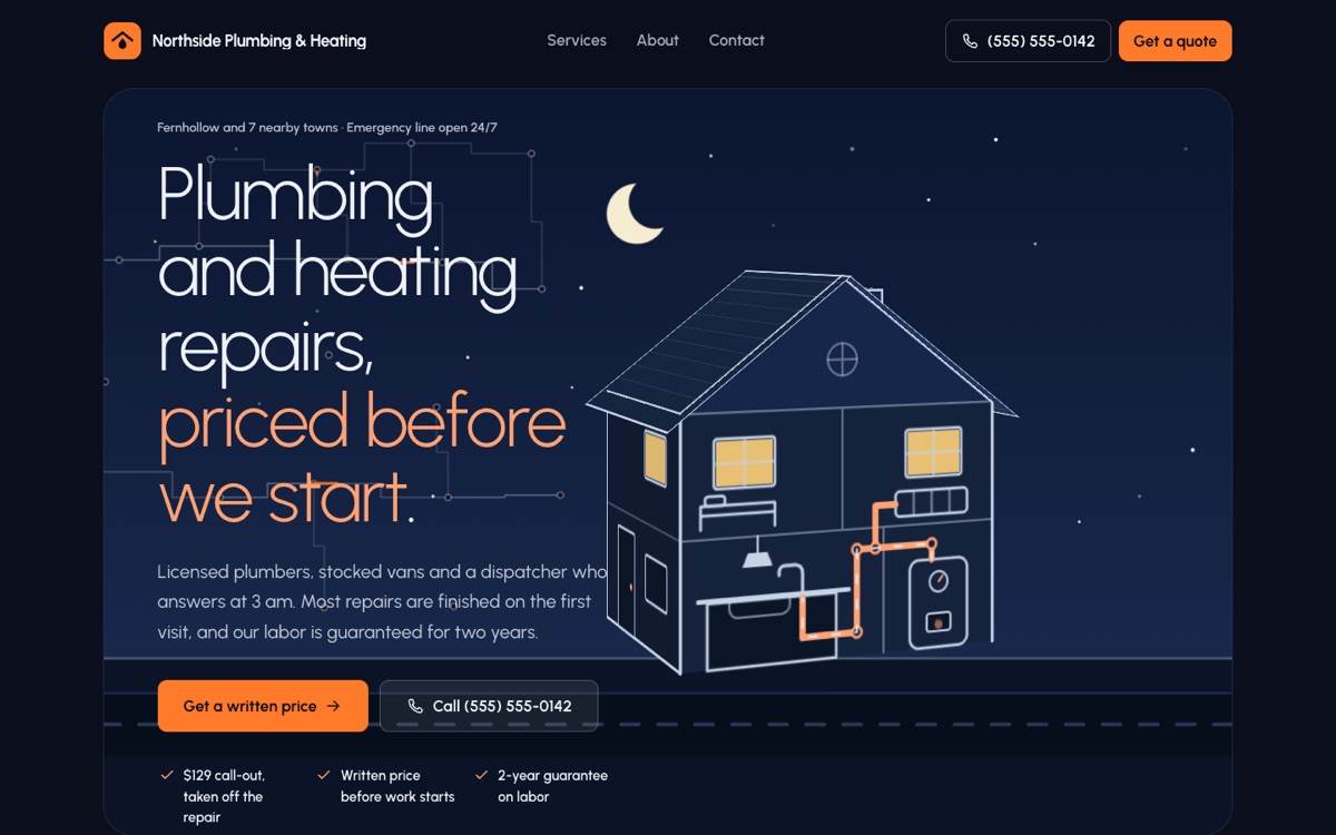 Craftline home page with the headline, two buttons and a line drawing of a house at night
