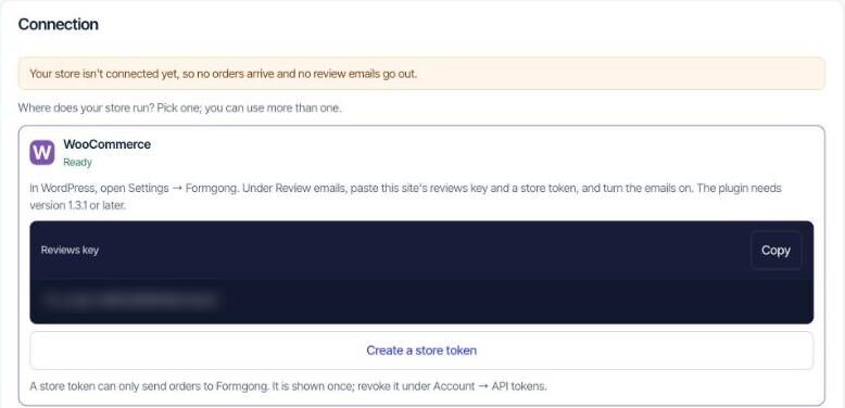 The Connection panel in Formgong's store settings with WooCommerce selected: instructions, the reviews key (blurred) and a Create a store token button.