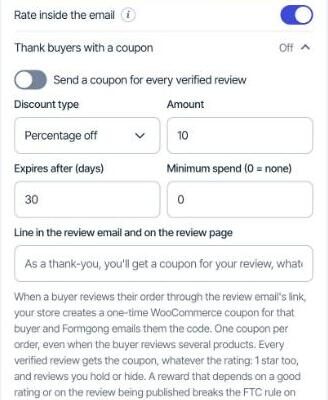 The coupon settings: Send a coupon for every verified review, discount type, amount, expiry in days, minimum spend and the line shown in the review email.