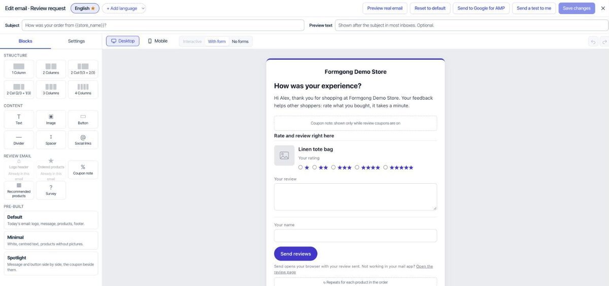 Formgong's review email editor: blocks on the left, the email for Formgong Demo Store in the middle with a coupon note, the product rating form and a Send reviews button, and buttons for Preview real email and Send a test to me at the top.
