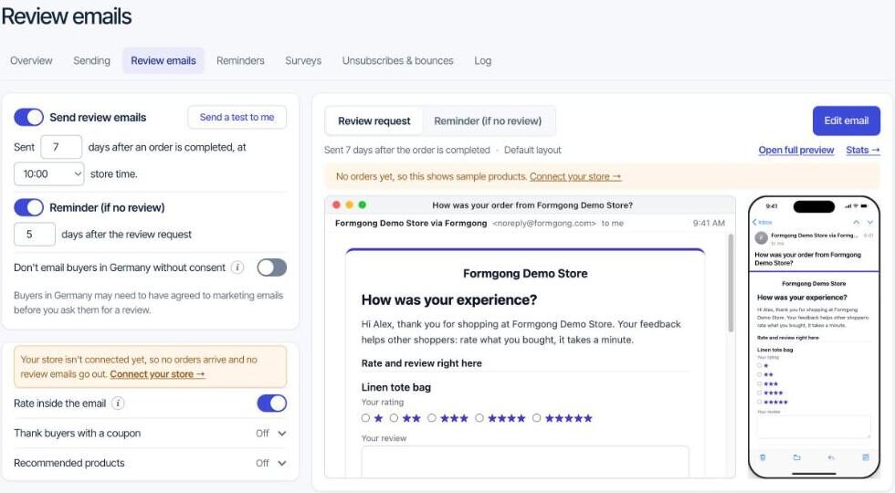 Formgong's Review emails page: send review emails switched on, sent 7 days after an order is completed at 10:00 store time, a reminder 5 days later, the Germany consent switch, and a preview of the email for Formgong Demo Store.