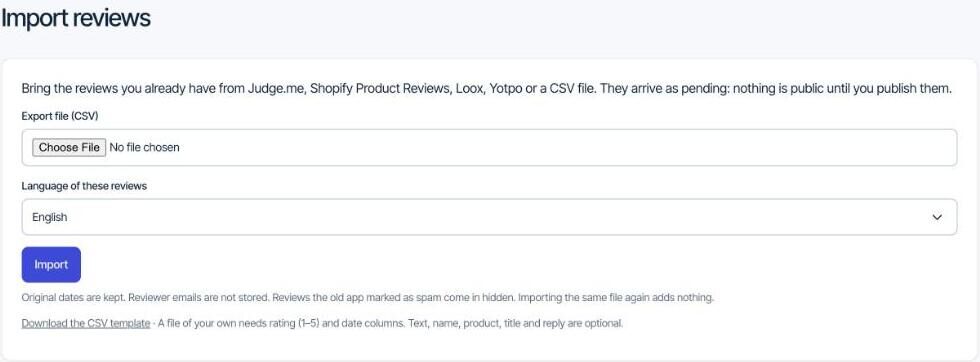 Formgong's Import reviews page: a file field for a Judge.me, Shopify Product Reviews, Loox, Yotpo or CSV export, a language menu and an Import button.