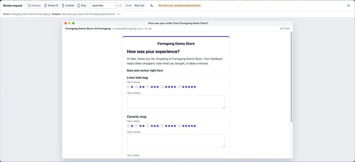 Preview of the review email as Apple Mail shows it: for each product a row of star choices, a review text box and a Send reviews button.