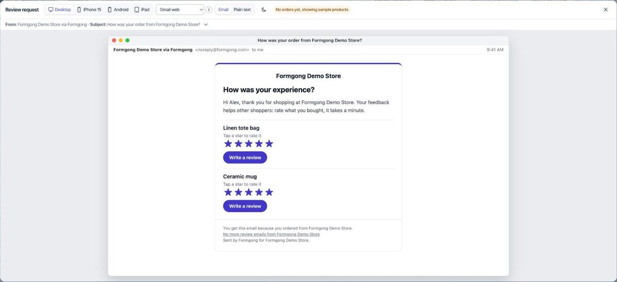 Preview of the review email as Gmail web shows it: five stars and a Write a review button per product, and a footer with an unsubscribe link and the line Sent by Formgong for Formgong Demo Store.