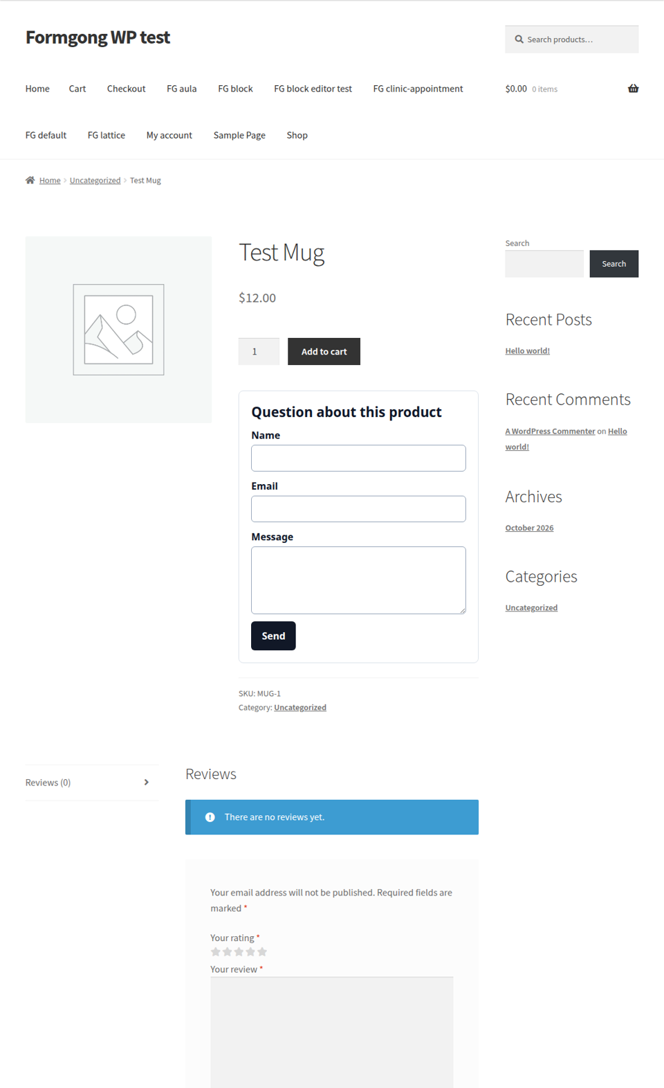 A store product page with a question form under the add-to-cart area. Fields are name, email, and message.