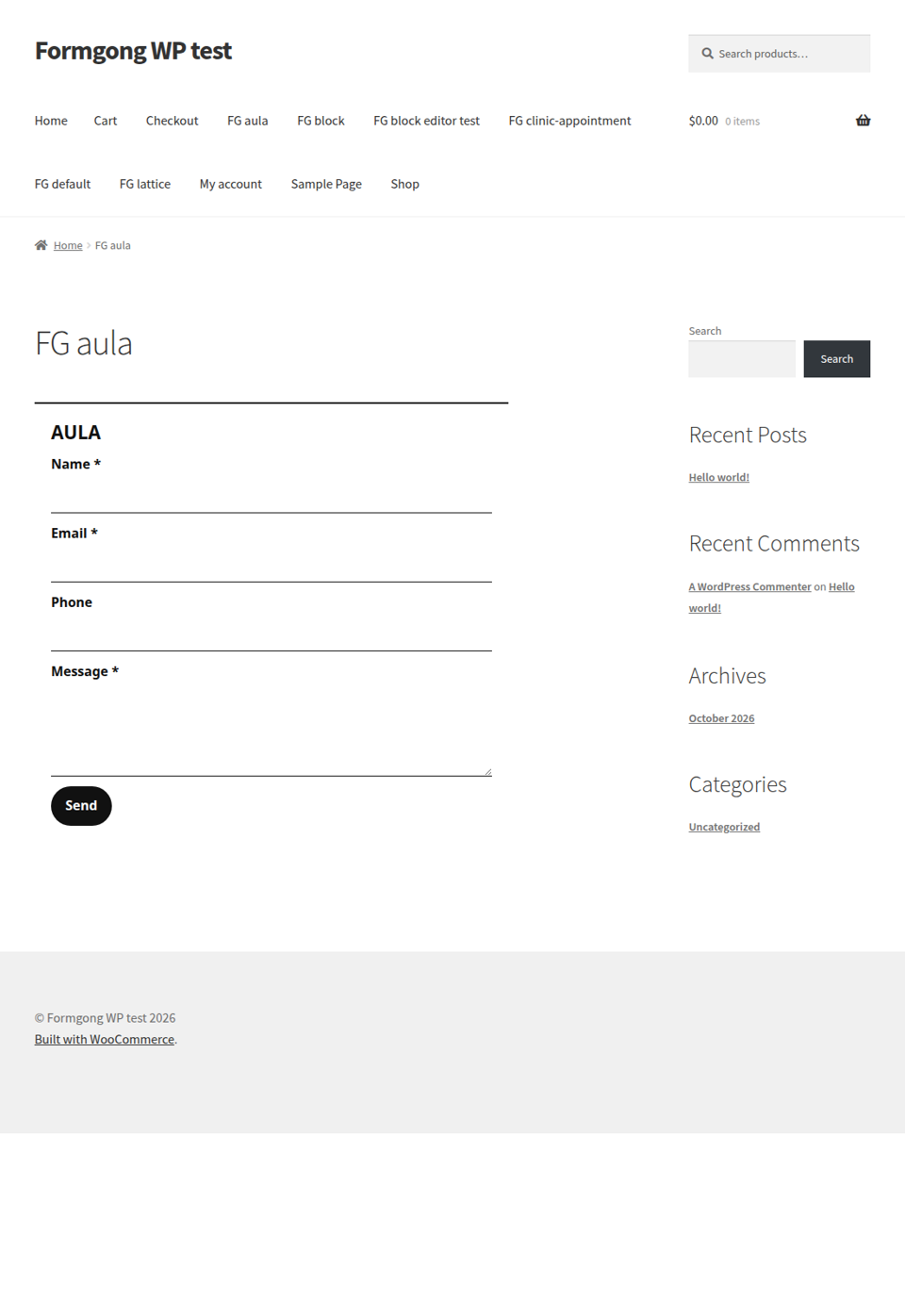 A published page on a test store. The aula template shows a contact form with name, email, and message.